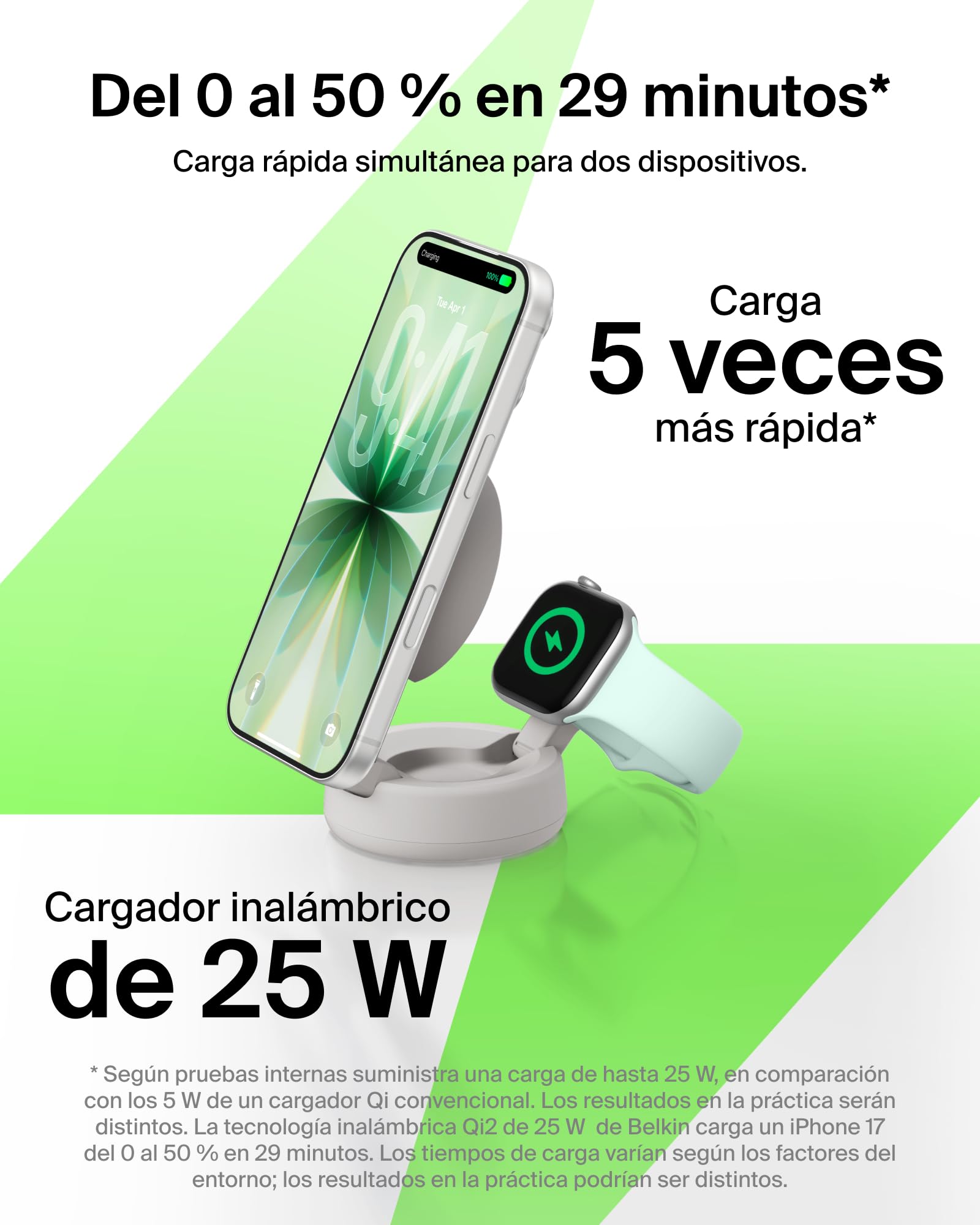 Belkin UltraCharge Pro Cargador Inalámbrico Magnético 2 en 1 Qi2 25W Arena | Convertible, Estación Magnética Carga Inalámbrica MagSafe, Certificación Qi2.2, iPhone, Apple Watch y Cascos, Adaptador 45W