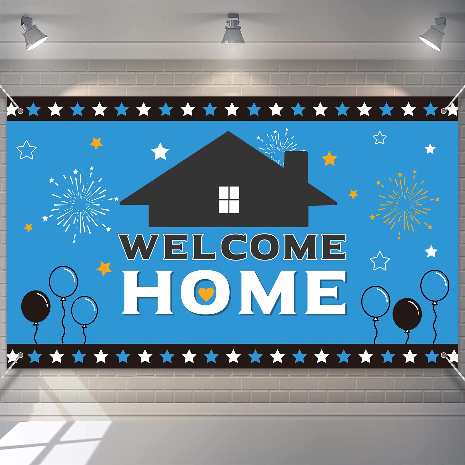 Large Welcome Home Banner Backdrop Decor, Fabric Welcoming Home for Home Celebration, Blue Homecoming Housewarming Outdoor Indoor Decorations 6 x 3.6 ft