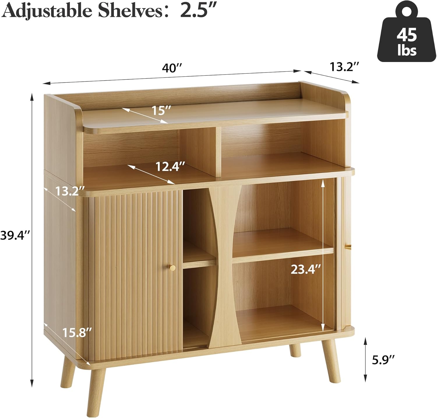Diagram showing the dimensions of the Decofy 39-inch Buffet Sideboard Cabinet.