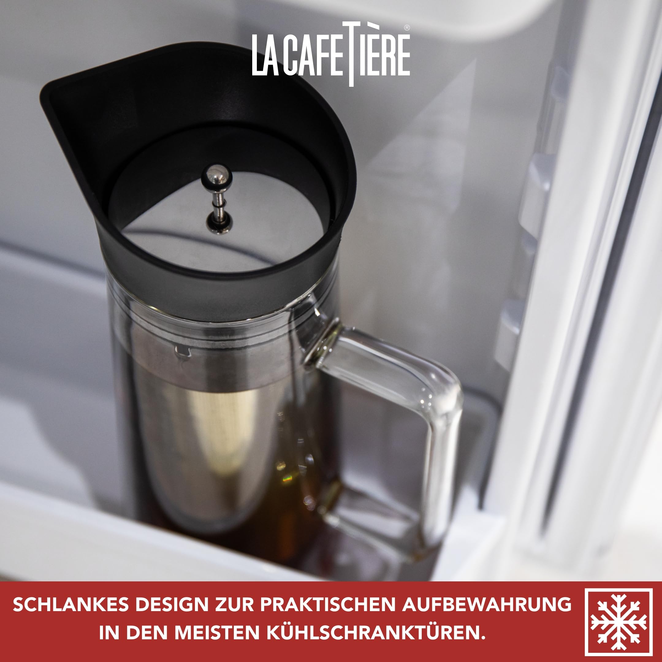 La Cafetière Kaffeebereiter zum Kaltbrühen, mit Netzfilter, spülmaschinenfest, Krugdeckel mit Ausgießer, Getränkebehälter für hochwertigen Eiskaffee, Eistee, hausgemachte Fruchtgetränke, 1 l