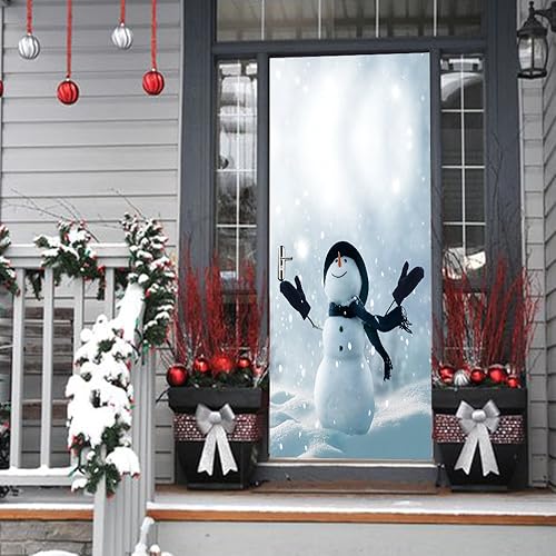Miniatura 2 de Calcomanía de puerta de Navidad 3D, calcomanías de Navidad Snownman para puerta, mural de pared de puerta, papel tapiz extraíble para decoración de