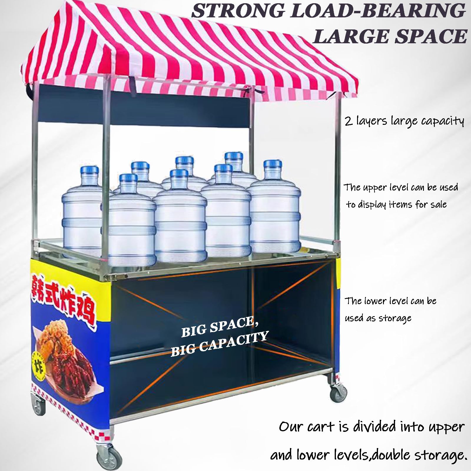 Carrello portavivande portatile a 2 ripiani con ruote bloccabili e tettoia, supporto pieghevole per venditori ambulanti, rosso, 60 x 120 cm, ideale per eventi all'aperto e catering
