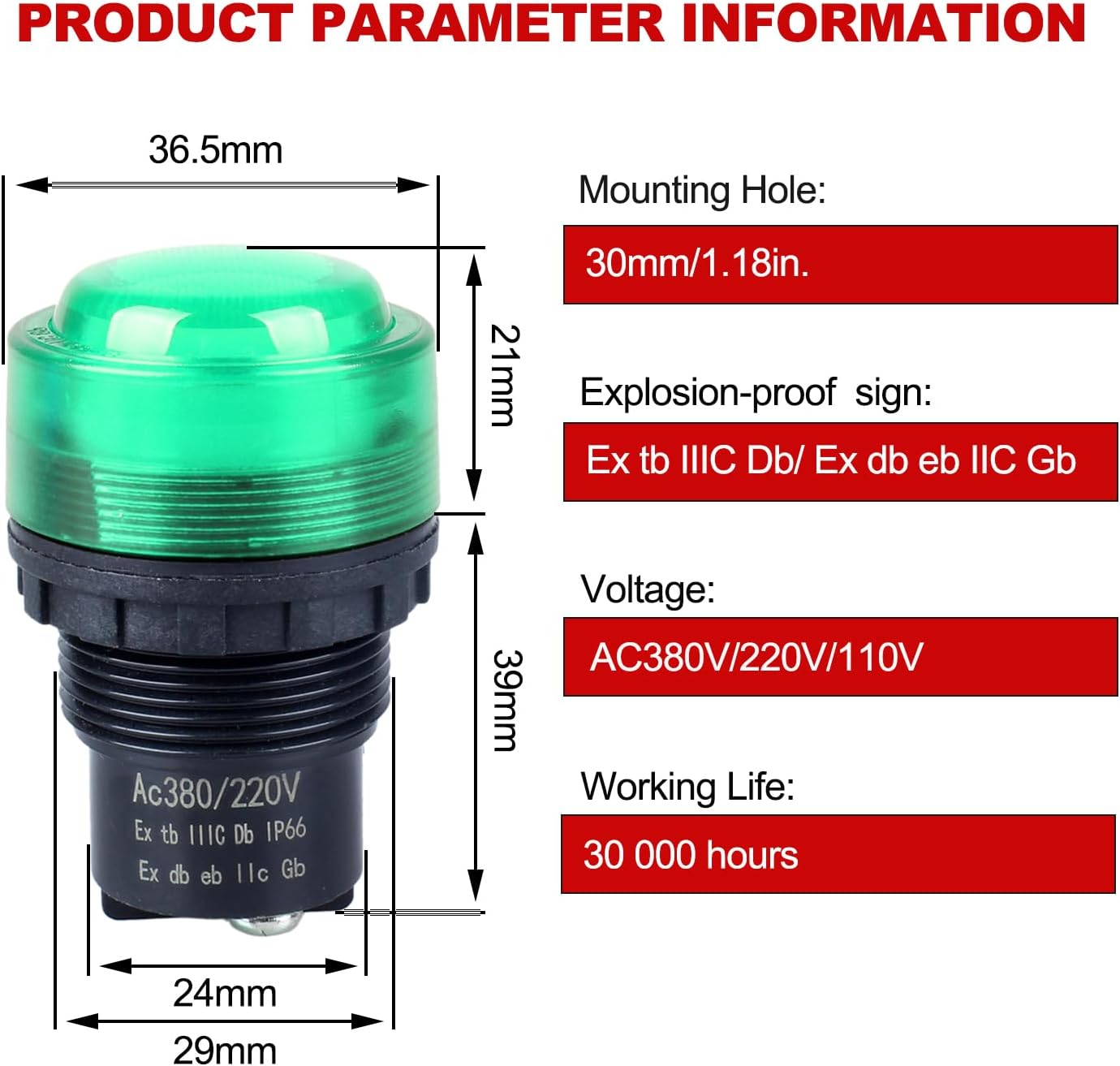 2Pcs 30mm Anti-Vandal and Anti-Corrosion Power Signal Indicator Light 110V 220V 380V AC 1.18" mounting Hole Size (Green)