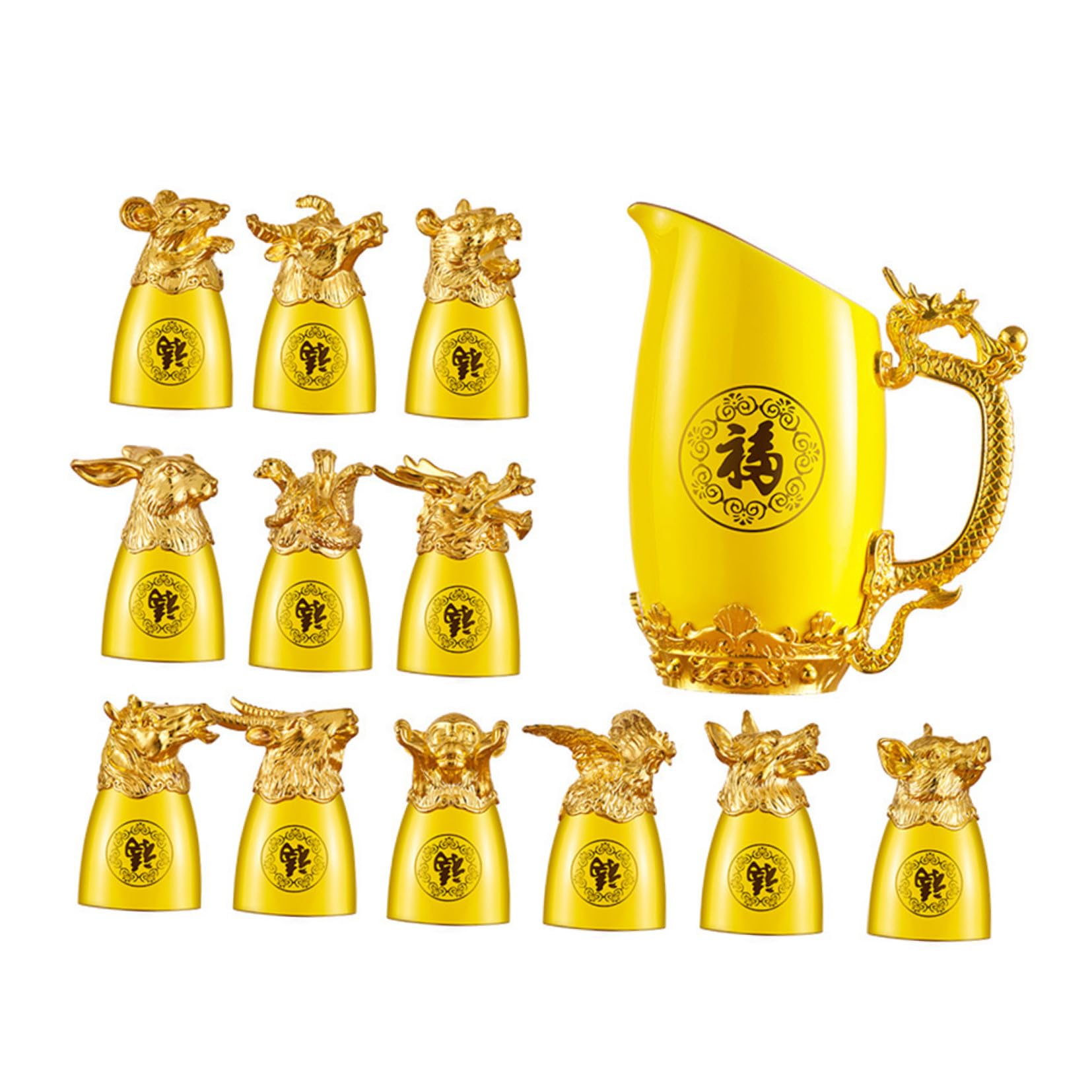 Kichvoe Chinese 12 Zodiac Animals Liquor Cup Retro Shot Glass Drinking Cup Wine Dispenser Wine Decanter for Korean Soju Whiskey Baijiu Yellow