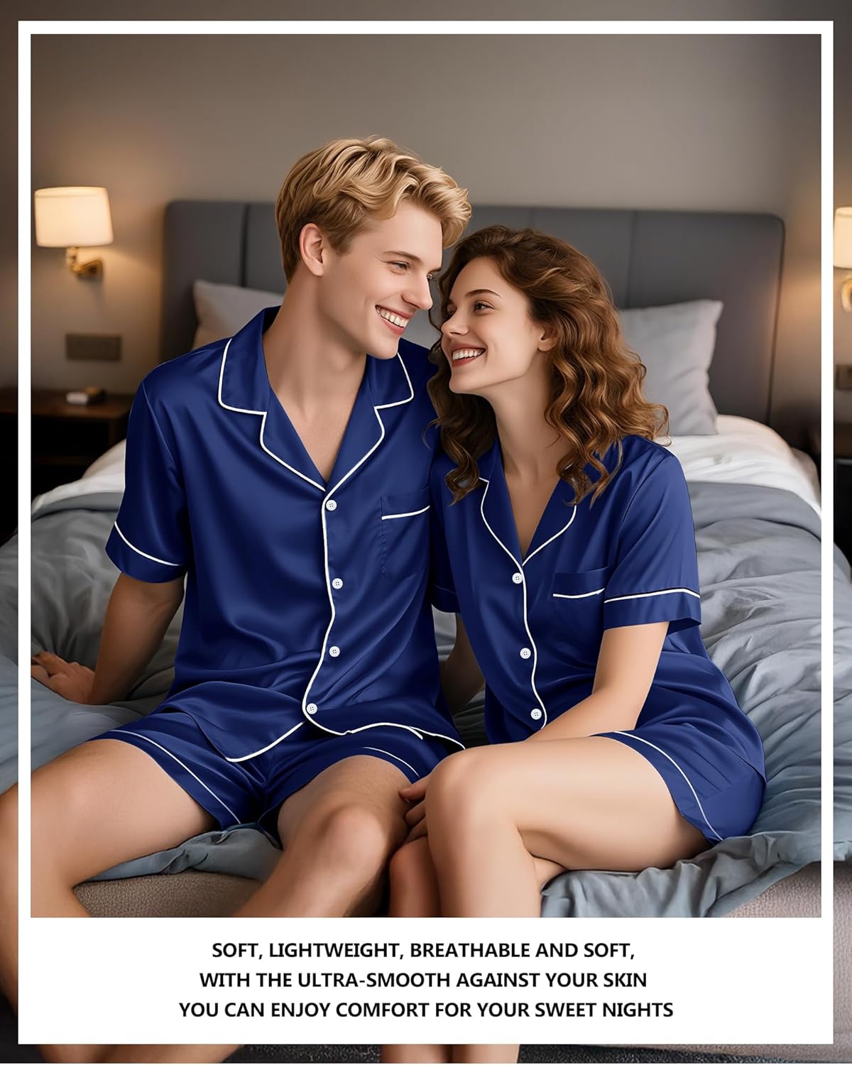 Couples Silk Pajama Sets Short Sleeve Top and Shorts Pjs 2 Pieces Button Down Sleepwear Set M-XL - Image 3