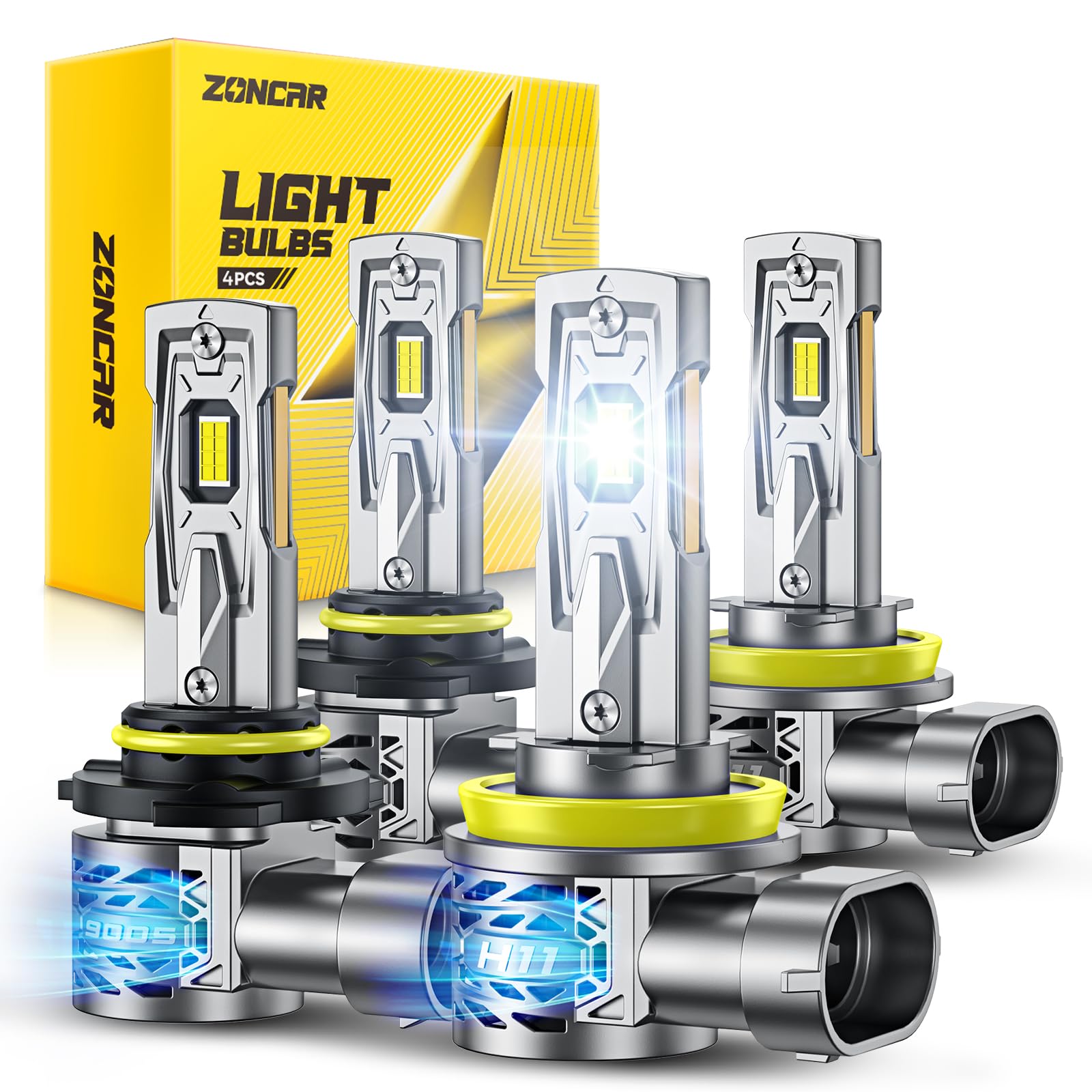 ZonCar 2026 Upgraded H11/H8/H9 9005/HB3 LED Bulb Combo, 180000LM 1500% Ultra-Bright Real 1:1 Mini Size, 6500K Cool White Light Bulbs, 3MIN Quick Install No Adapter Needed, Pack of 4