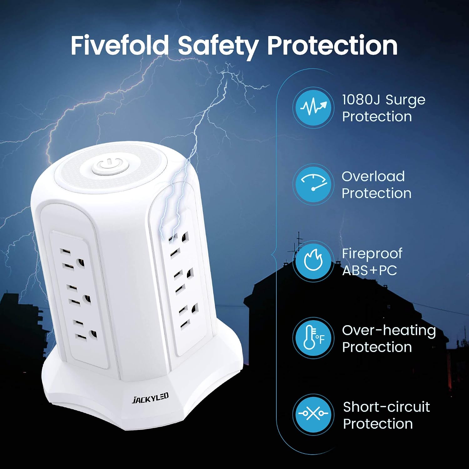 10 Ft Power Strip Tower Surge Protector, JACKYLED 12 Wide Spaced Outlets Heavy Duty Extension Cord, Electrical Power Cord for TV, Sound Bar, Computer, Laptop, Router, Lamp, Humidifier, White