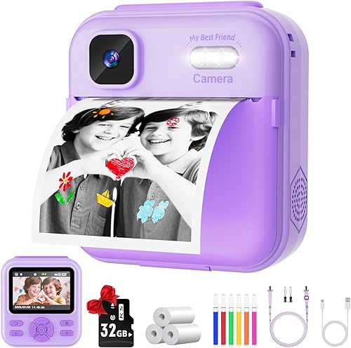 Miniatura 10 de Cámara de impresión instantánea para niños y niñas, cámaras HD de 48 MP con video de 1080P, papel de impresión, tarjeta de 32 GB, cepillo, regalos