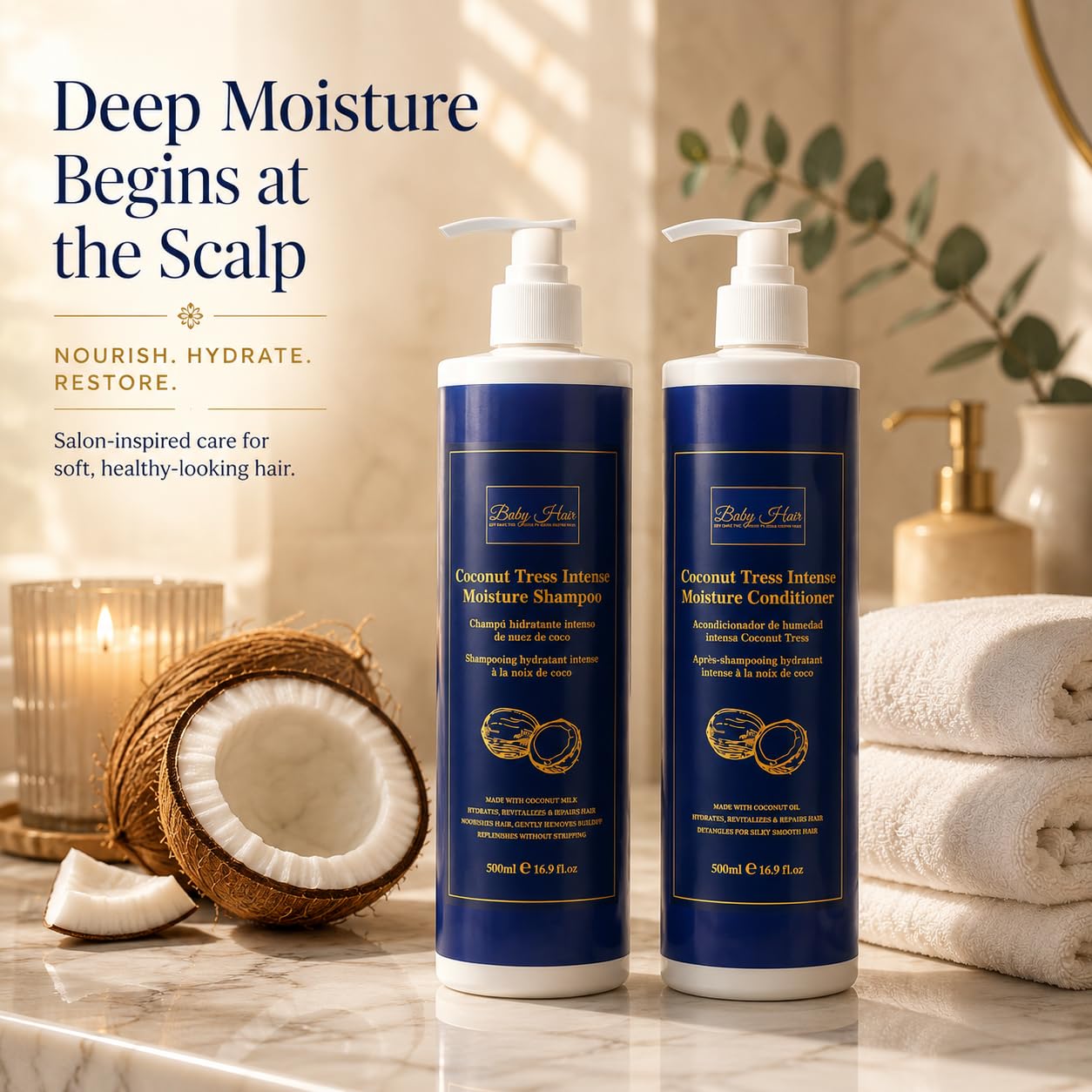 Baby Hair Coconut Tress™ Intense Moisture Shampoo & Conditioner Set | Deep Moisture Hair Care Duo with Coconut Milk, Macadamia & Camellia Oils | Softens, Hydrates & Helps Reduce Frizz | 16.9 oz Each image 2