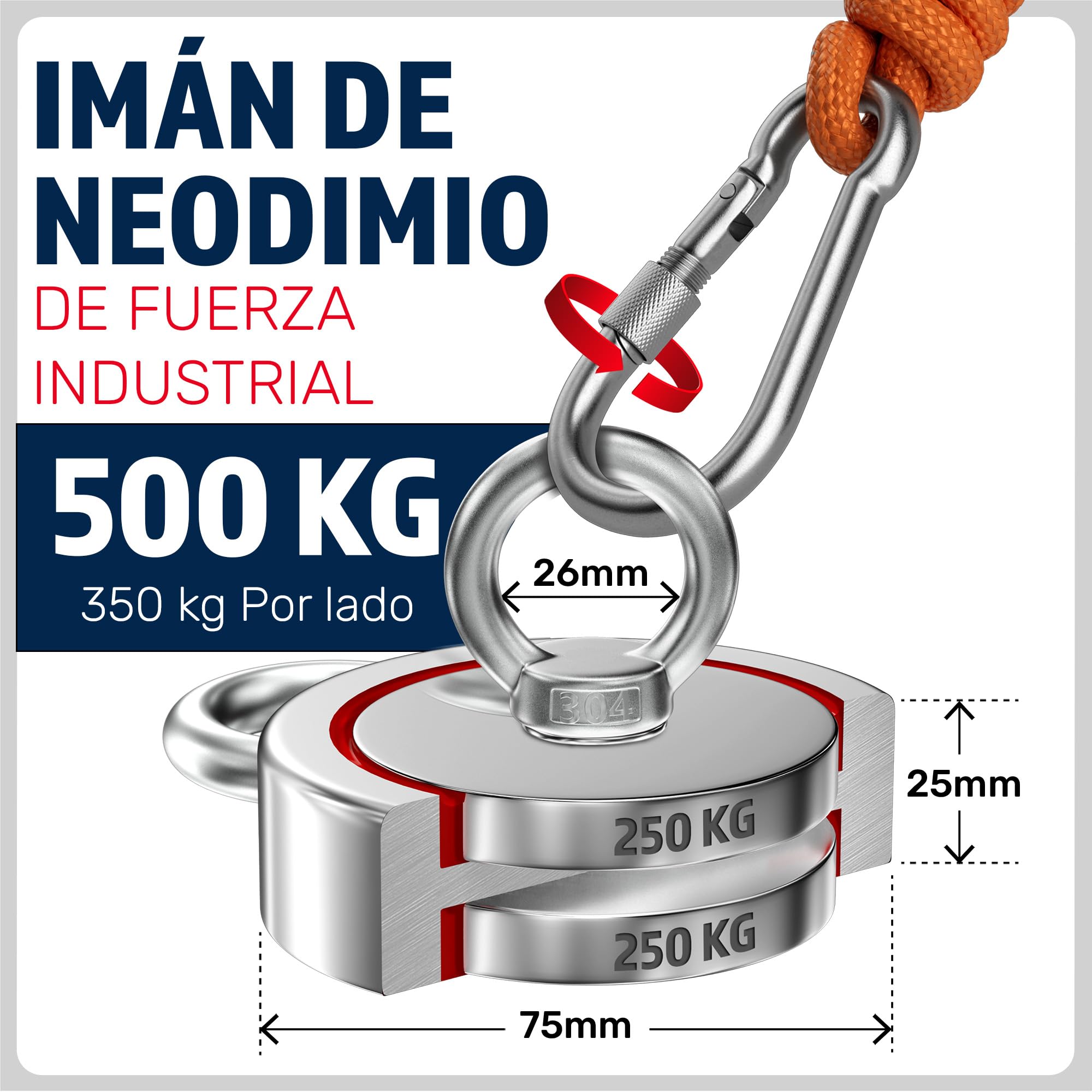 MAGFISHION Juego de Pesca Magnética - Fuerza de Atracción 500KG (2x 250kg) - Ø75mm - Imanes Neodimio Potentes con Cuerda (20M) & Guantes- Iman de Neodimio