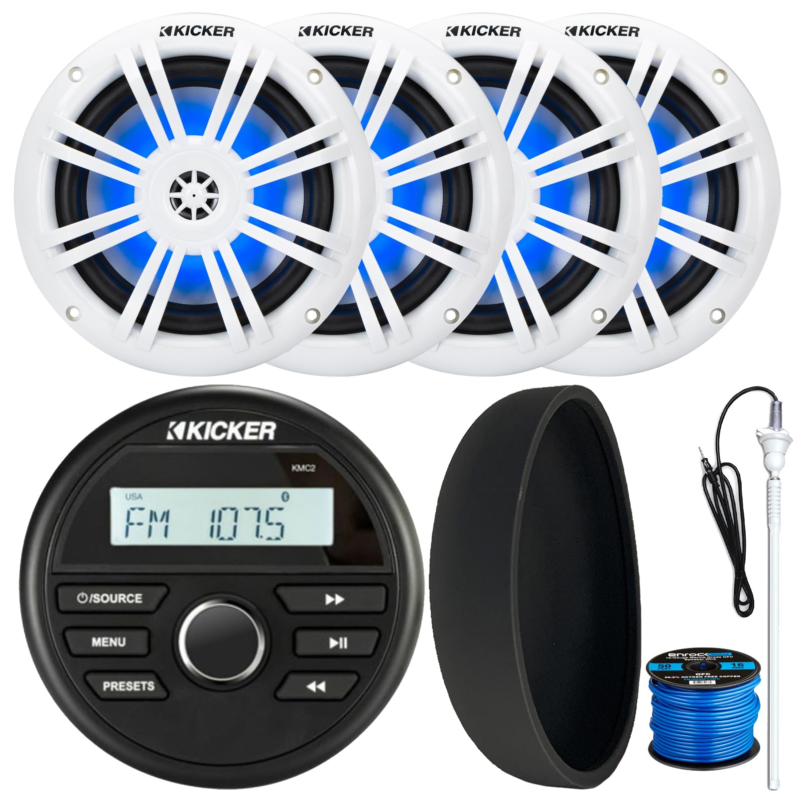 KICKER 46KMC2 Marine Bluetooth All-Weather AM/FM USB/AUX Gauge Style Media Center Receiver W/Black Cover, 4X 6.5 150W Max Power White RGB LED Coaxial Boat Speakers, 50 Feet 16G Speaker Wire, Antenna