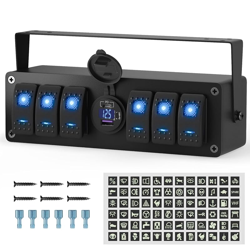 Painel de 6 Interruptores Rocker Joinfworld 12 V com USB PD3.0 e QC3.0, Voltímetro LED e Suporte – Preto
