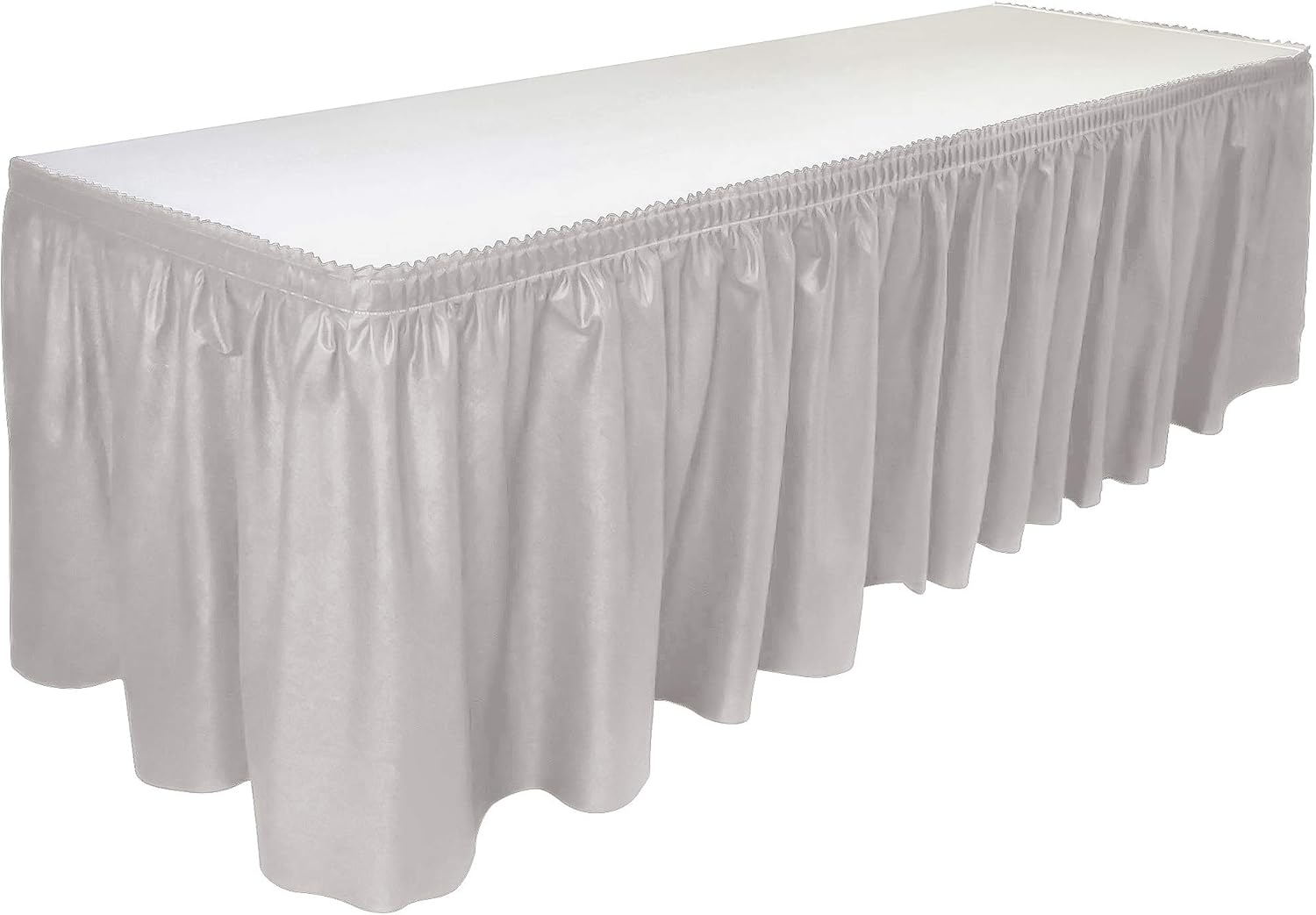 DecorRack 48 Pack Table Skirts, 29 in x 14 ft BPA Free - Plastic Tableskirt, Disposable, Reusable, Rectangular Tablecloth Skirt, Silver (48 Pack)