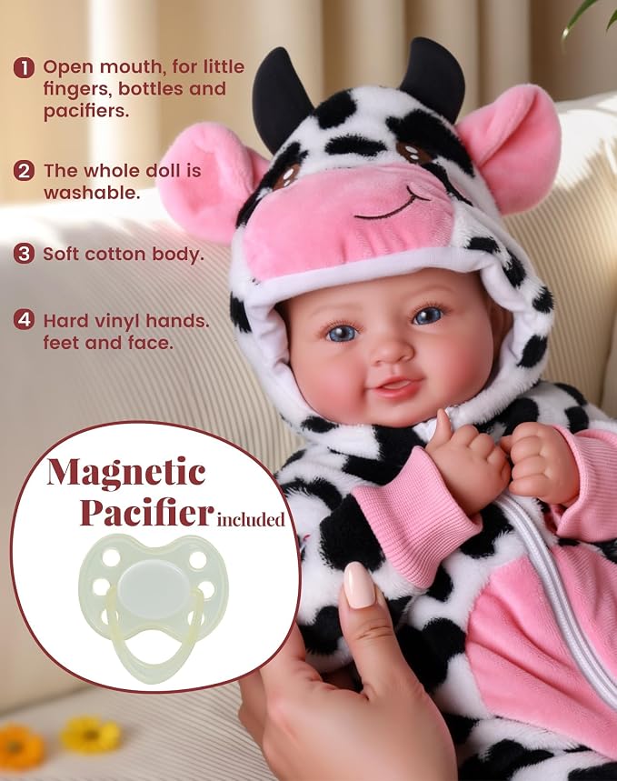 BABESIDE Baby Doll Girl - 17-Inch Soft Body Realistic Baby Doll with Blue Eyes and Cow Outfit Lightweight Real Life Baby Dolls for 3+ 4 5 6 7 8 9 Years Girl Birthday Gifts, Pretend Play and Christmas miniatura 5