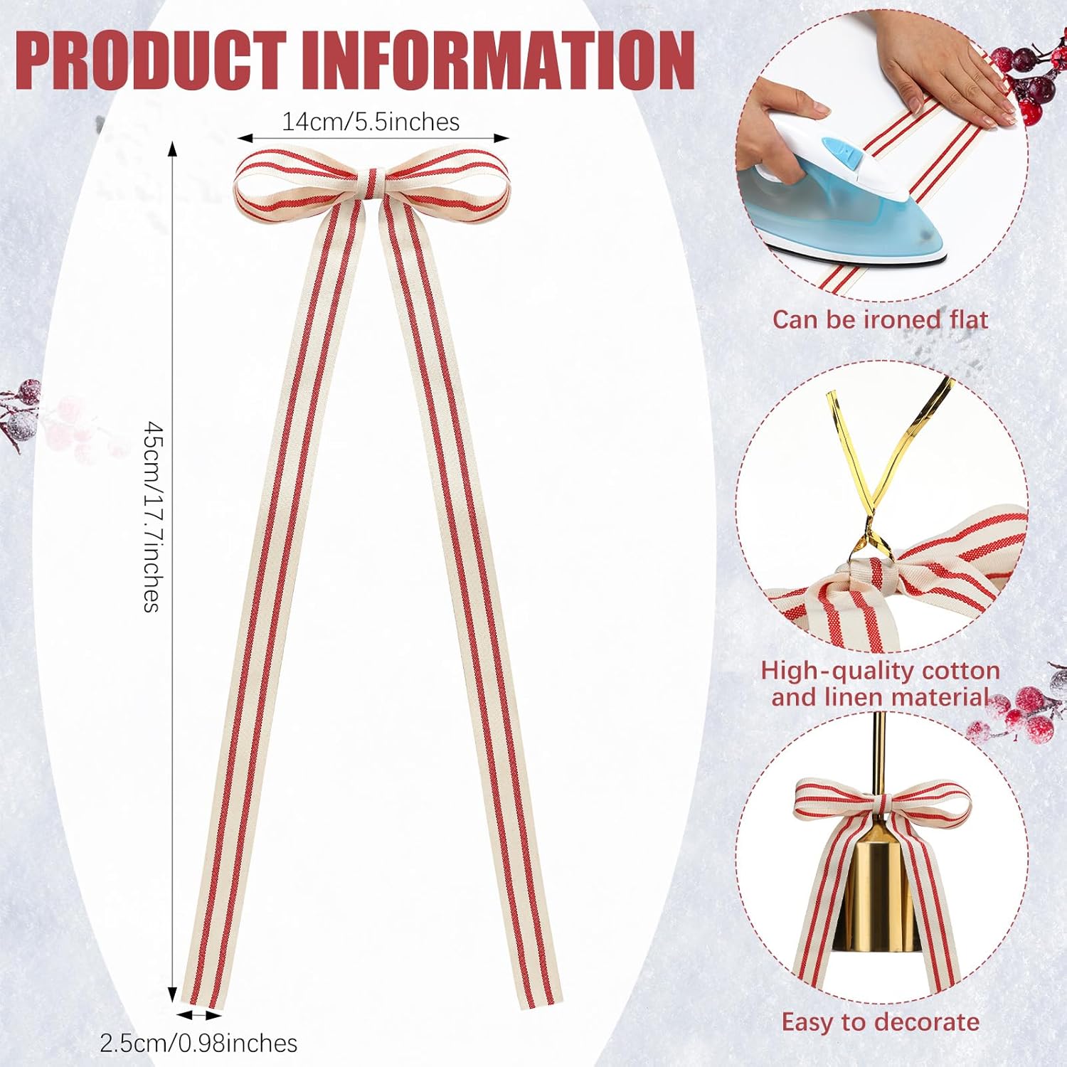 Suncalla 24 Pcs Red and White Striped Christmas Bows 6 x 18 Inches Large Christmas Decorative Ribbon Bows with Wire Ties for Xmas Trees Home Wreath Stairs Staircase Fireplace Front Door Decor