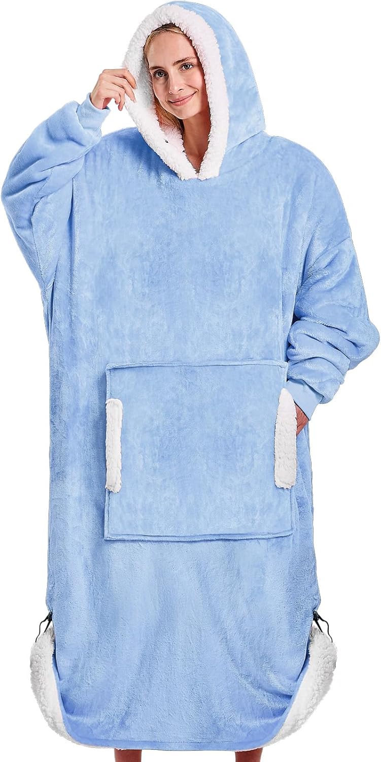 yescool Wearable Blanket Hoodie – birthday gifts for Adults/Women/mom, Flannel Cozy Sherpa Fleece Blanket Sweatshirt with Hood, Pocket & Sleeves, Large, One Size Fits All (Celeste)