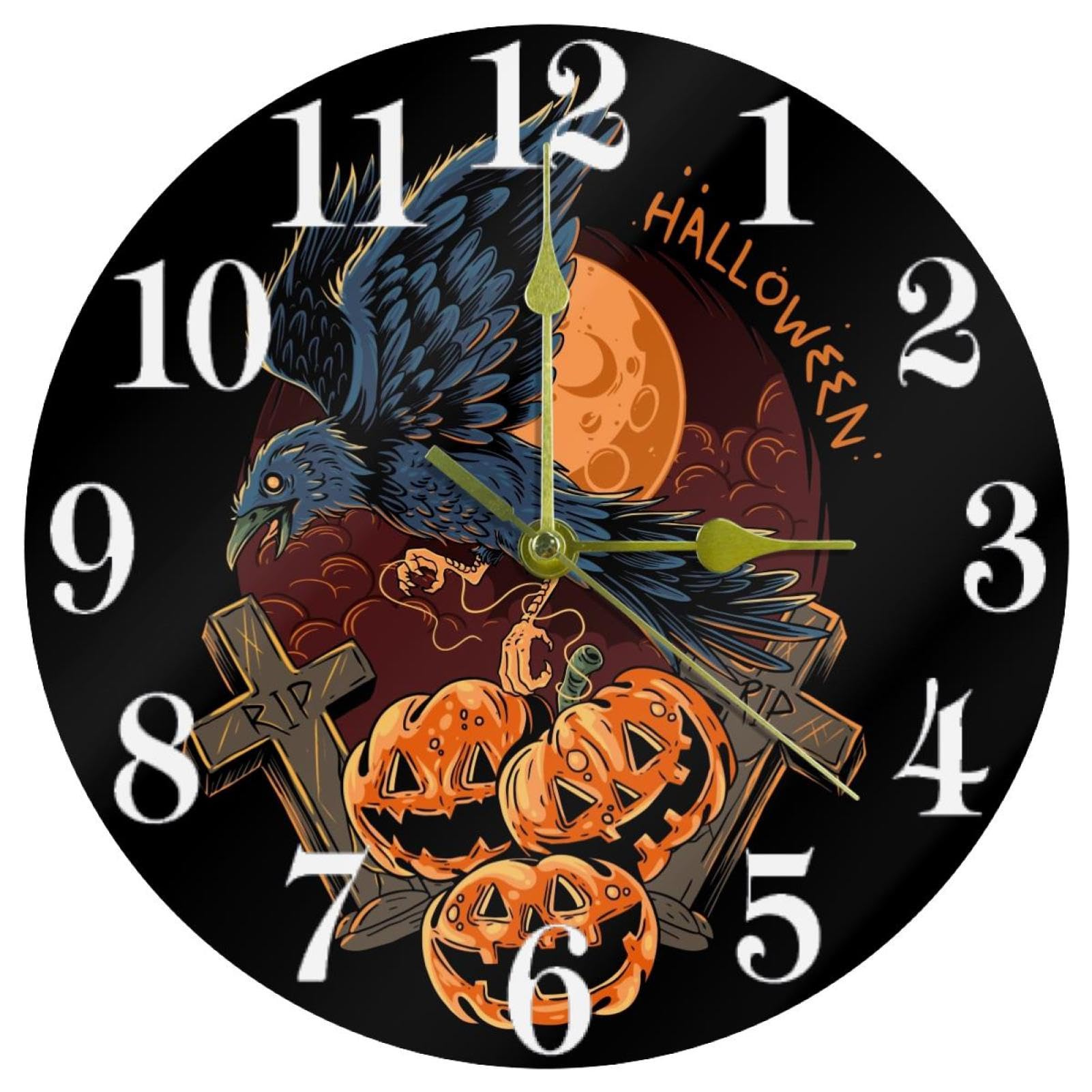 Horloge murale ronde Halloween avec citrouille et corbeau suspendue fonctionne avec piles