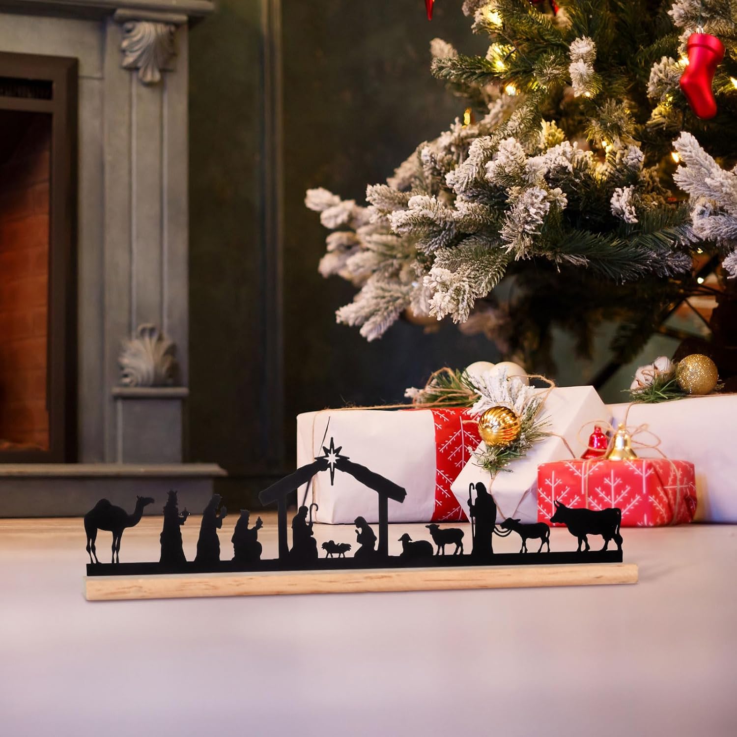 Soaoo 4 Pcs Nativity Set for Christmas, Black Metal with Wood Base | Believe Sign Silhouette, Holy Family Manger Scene, Tabletop Decor for Mantel Shelf, Indoor Christmas Party Ornament