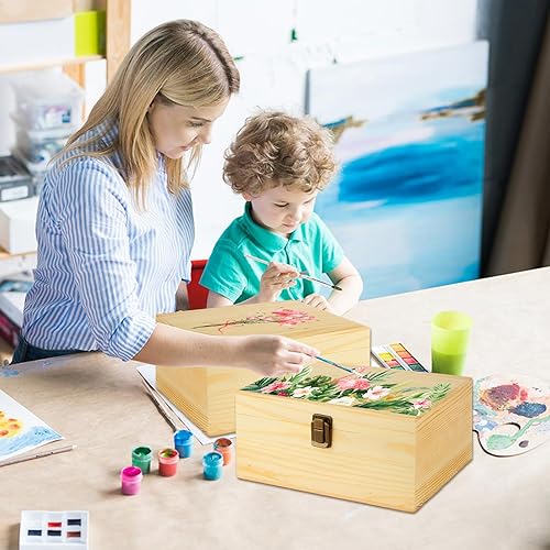 Miniatura 6 de DAJAVE Paquete de 2 cajas de madera sin terminar, caja de almacenamiento de madera con tapa con bisagras, caja de madera de pino, cajas de