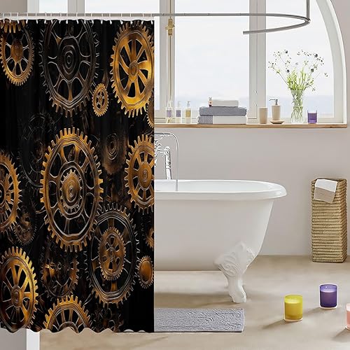 Miniatura 3 de Erosebridal Cortina de ducha con engranajes ndustriales dorados, estilo steampunk, cortina de ducha para bañera, reloj temático, cortina de ducha
