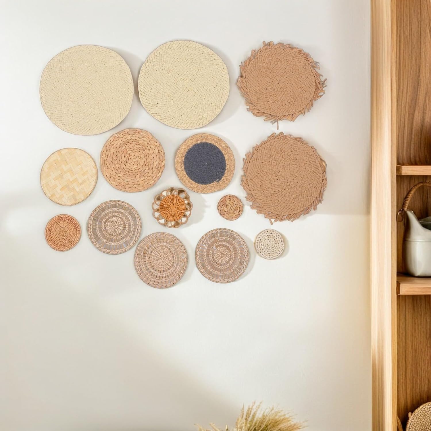 POPETPOP ボヘミアン手織り壁飾りバスケット14PCS 多サイズ編み込み装飾 寝室 リビング収納兼用トレイ 素朴な質感の壁デコ