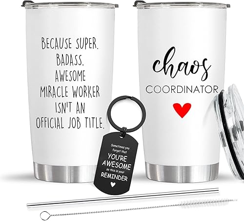 Regalos para mujeres, vaso de viaje de acero inoxidable de 20 onzas, vaso de coordinador del caos con pajita, idea de regalo única para jefa, ella,