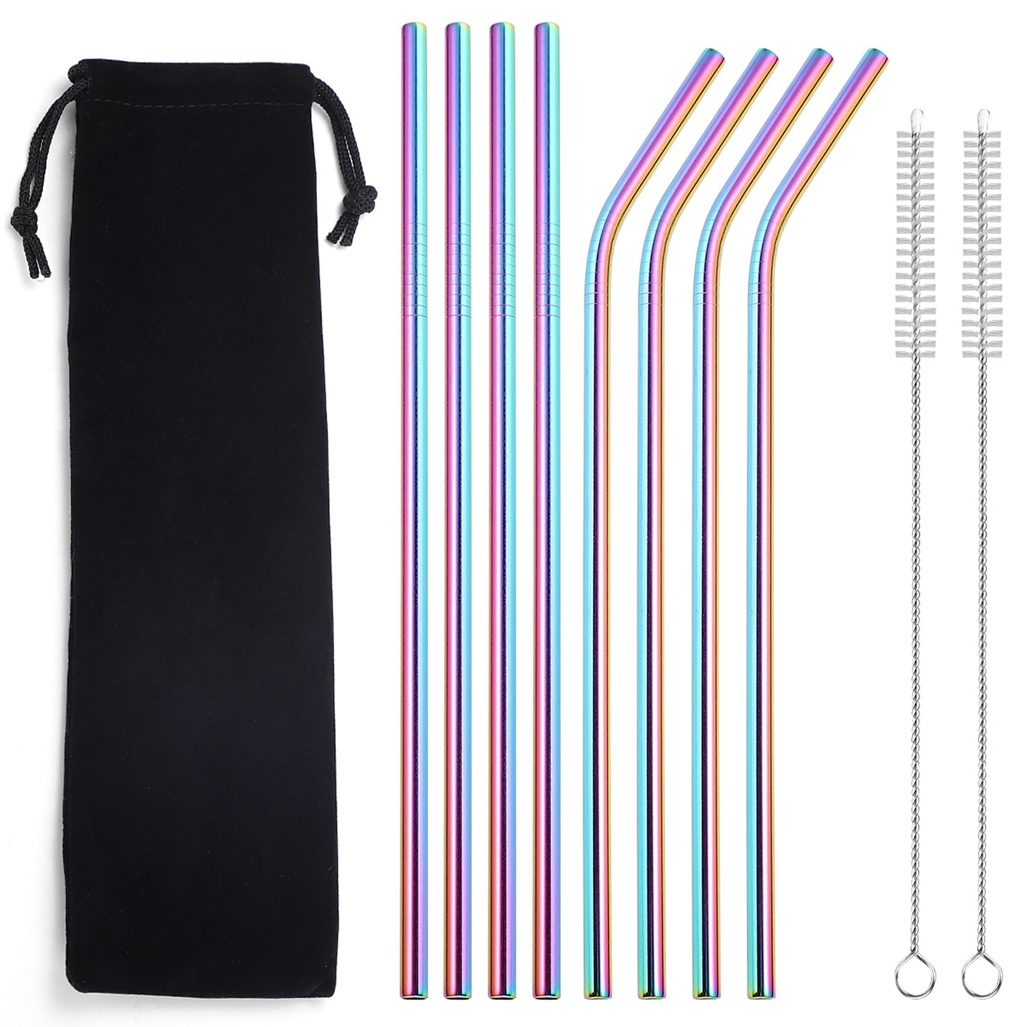 8 Pack Colourful Metal Straws — Extra Long 14 Inch 9mm Stainless Steel Drinking Straws Reusable with Brush and Pouch — Straight and Bent for Jumbo Tumblers, Boba, Smoothies, Iced Coffee