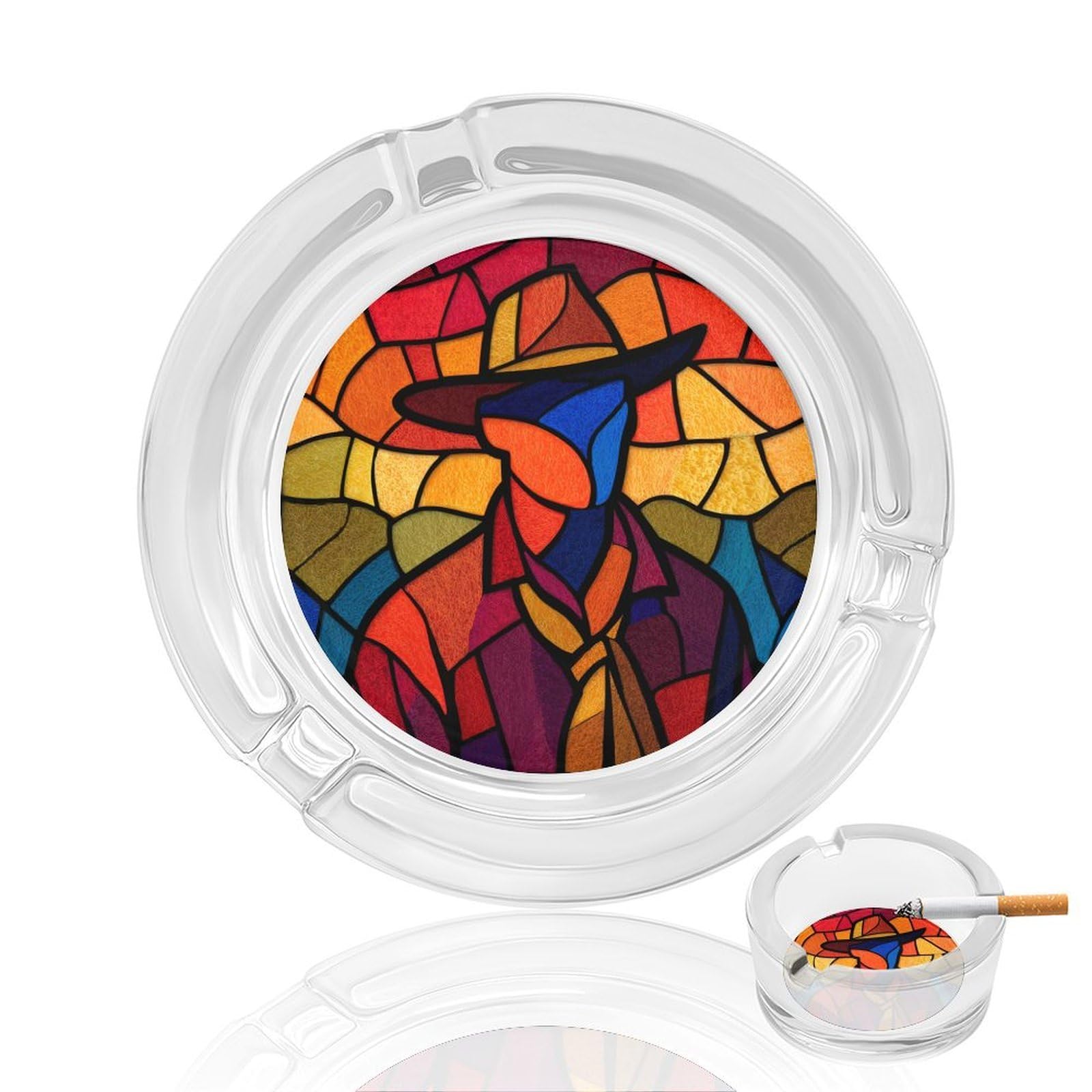 Stained Glass Cowboy Simple Glass Ashtray for Cigarettes Portable Decorative Ash Trays for Home Office Decor