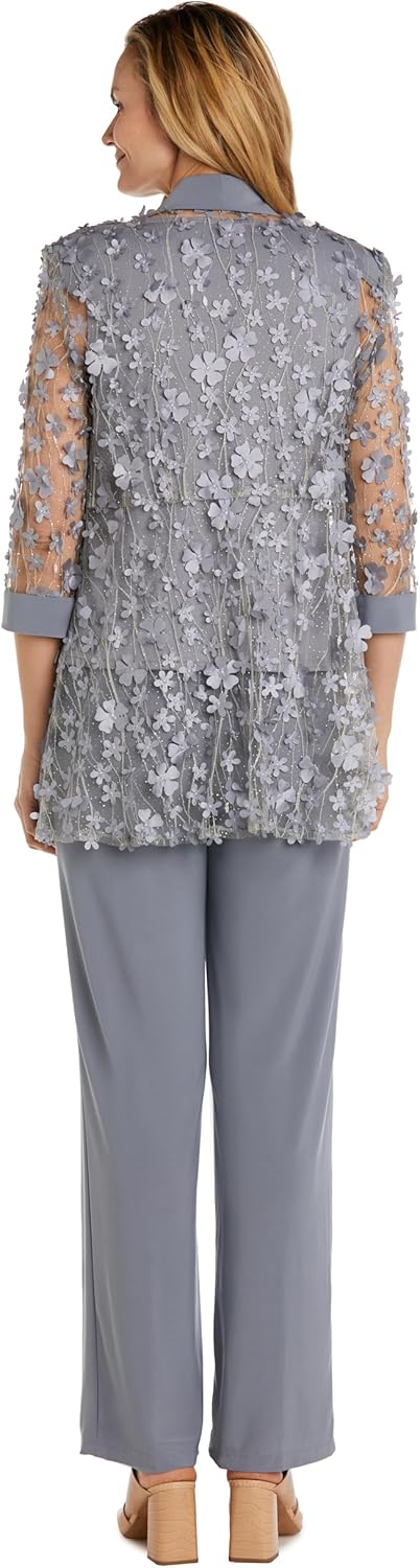 R&M Richards Women's 2-Piece 3D Flower Embellished Mesh Mock Top & Ity Pant Set - Formal Evening Cocktail Party