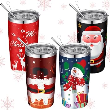 4 Pcs Christmas Tumblers 20 oz Christmas Travel Tumbler Cup Holiday Stainless Steel Insulated Tumbler Coffee Mug with Lid Straw for Xmas Birthday Gift Party Supplies, Vintage Style