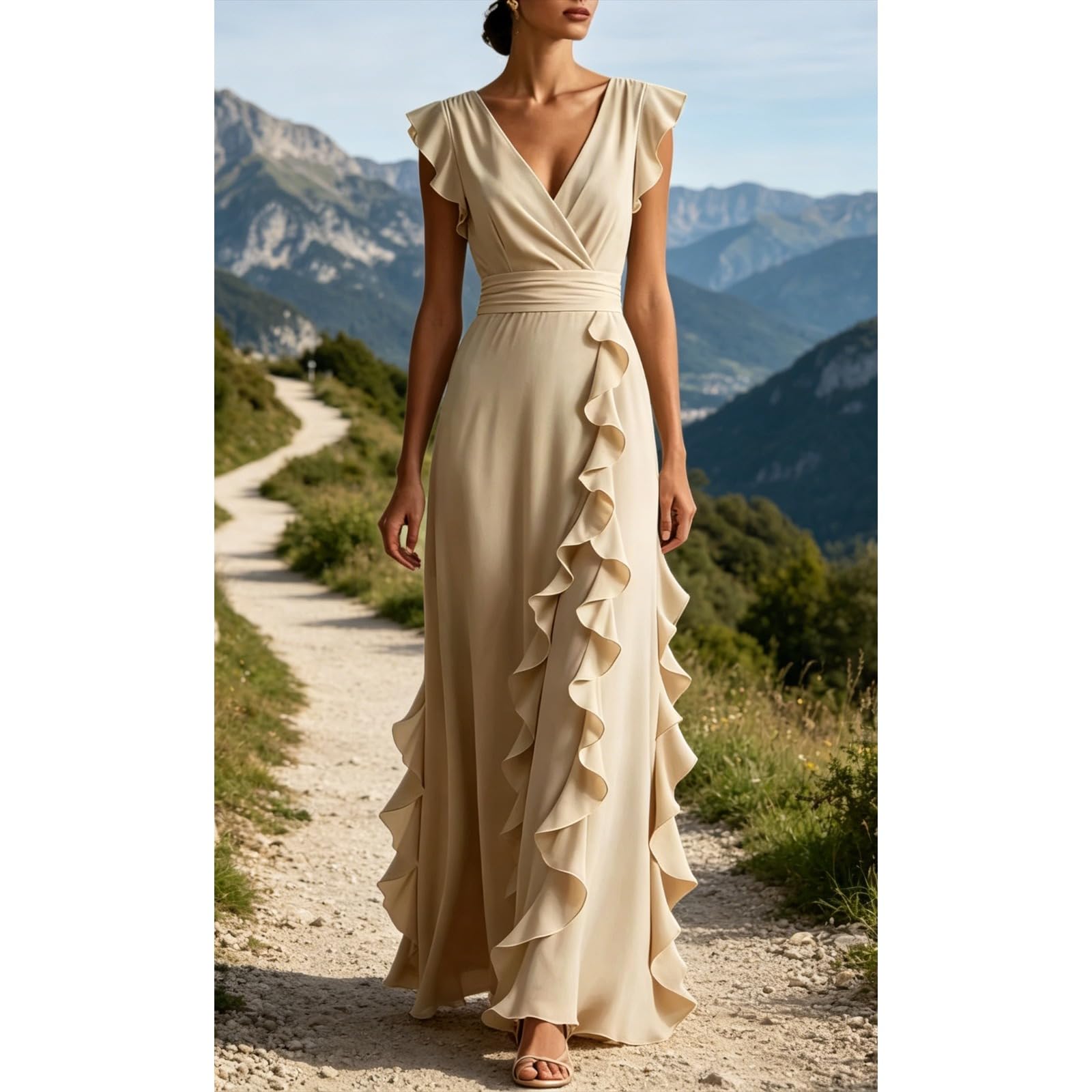 Vestido de Dama de Honor de Gasa con Volantes — Vestido Formal de Manga Corta, Largo, con Escote en V y Estilo corsé — Vestido de Noche para Bodas y Eventos Formales