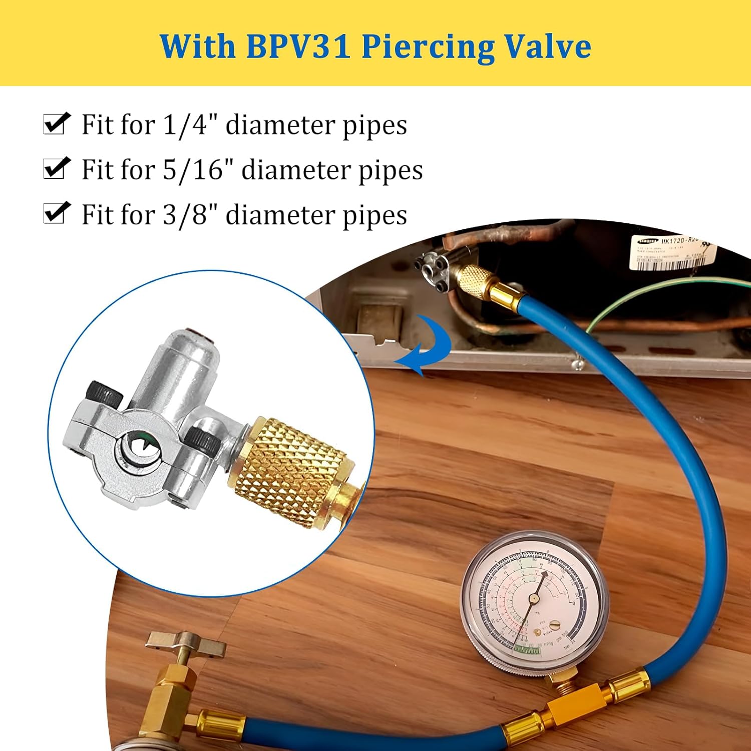R134a Refrigerant Charging Hose with BPV31 Piercing Valve for Refrigerator - Piercing Tap Valve Kits Can Tap with Gauge, R134a Can to R-12/R-22 for Fridge A/C Air Conditioner