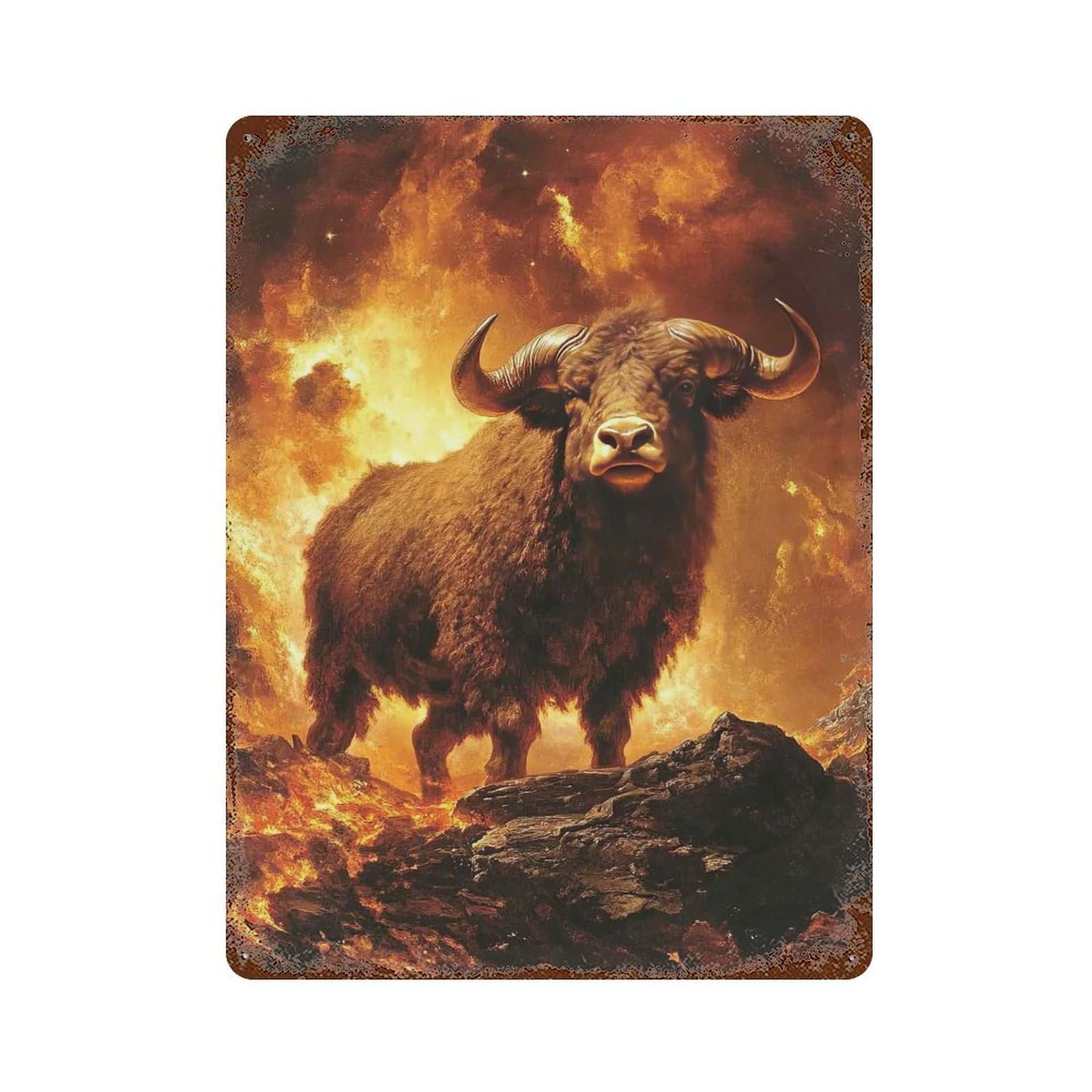 Rusty Metal Tin Sign Fiery Bull 15.7"x11.8", Industrial Home Decor for Patio, Garden Room And Bar Decor