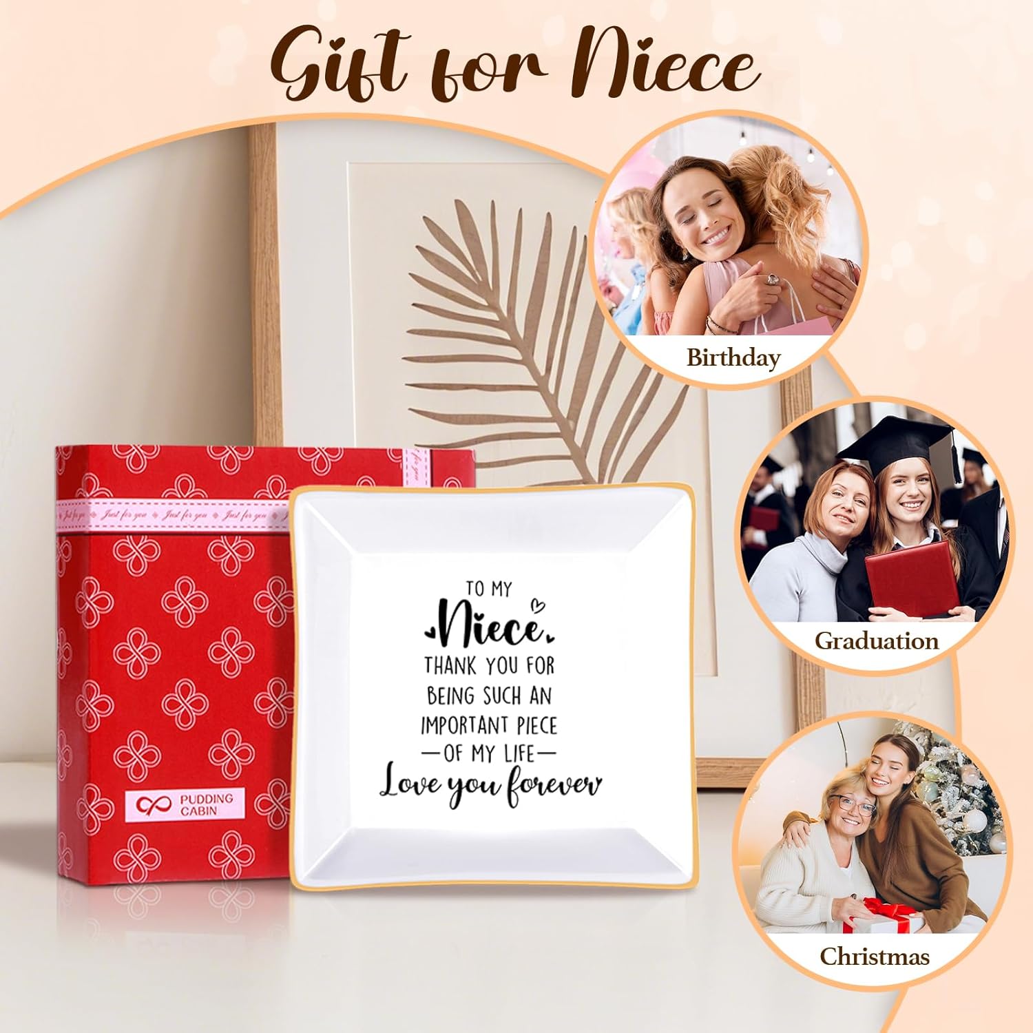 PUDDING CABIN Gift for Niece from Aunt – Ceramic Niece Jewelry dish Ring Dish Trinket Tray, Christmas Stocking Stuffer Birthday Present for Niece, Valentine’s Graduation Gift for Niece - Image 7