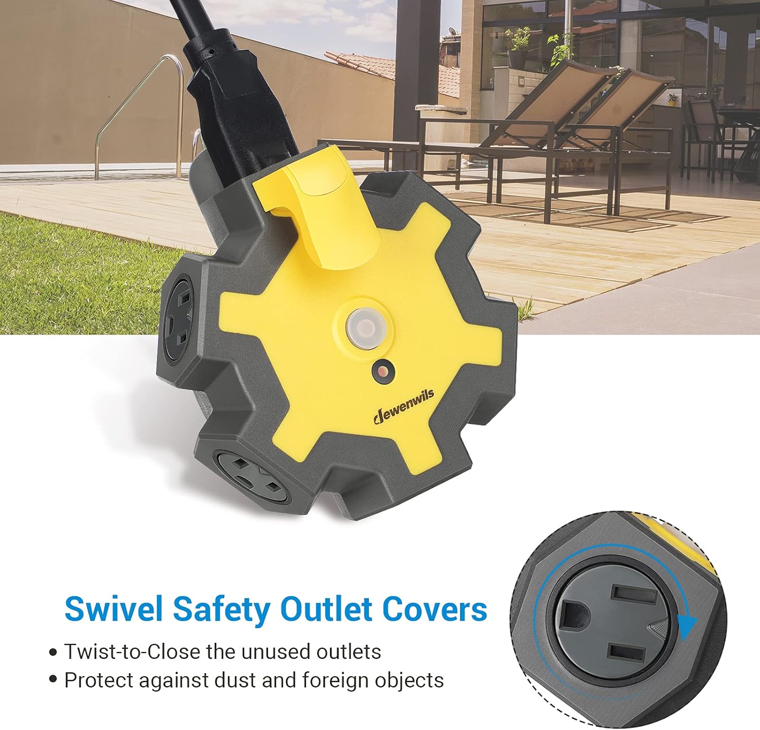 DEWENWILS Outdoor Extension Cord Power Adapter, Heavy Duty 5-Outlet Power Hub with Swivel Safety Covers, Widely-Spaced Power Outlet for Workshop, Jobsite, Garage, 15A Circuit Breaker, ETL Listed : Tools & Home Improvement