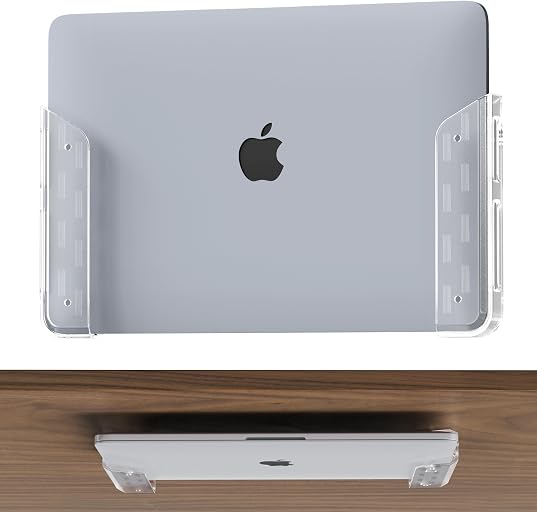 ELETIUO Clear Wall & Under Desk Laptop Mount Holder–Adhesive & Screw in,1.02"/ 26 mm,Anti-Scratch Pads,Universal for MacBooks,Surface,Keyboards,Tablets,Switch &More