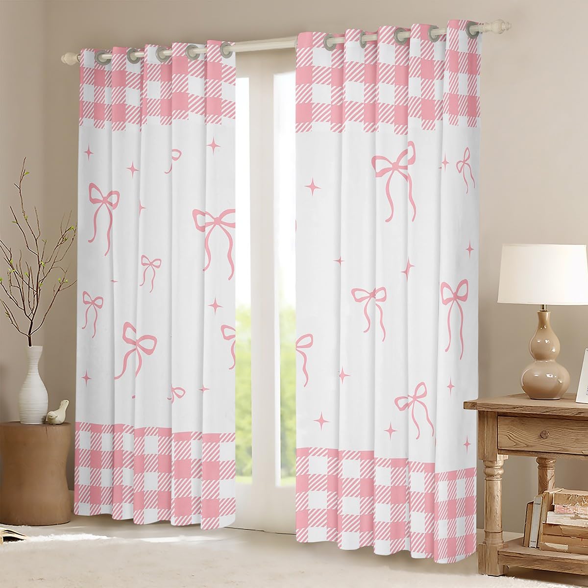 Homemissing White Pink Bowknot Curtains(2 Panels,W46*L72) For Kids Girls Teens Bedroom Plaid Bow Ribbon 30%-50% Darkening Blackout Window Curtains Cute Bow Window Treatments - Image 2
