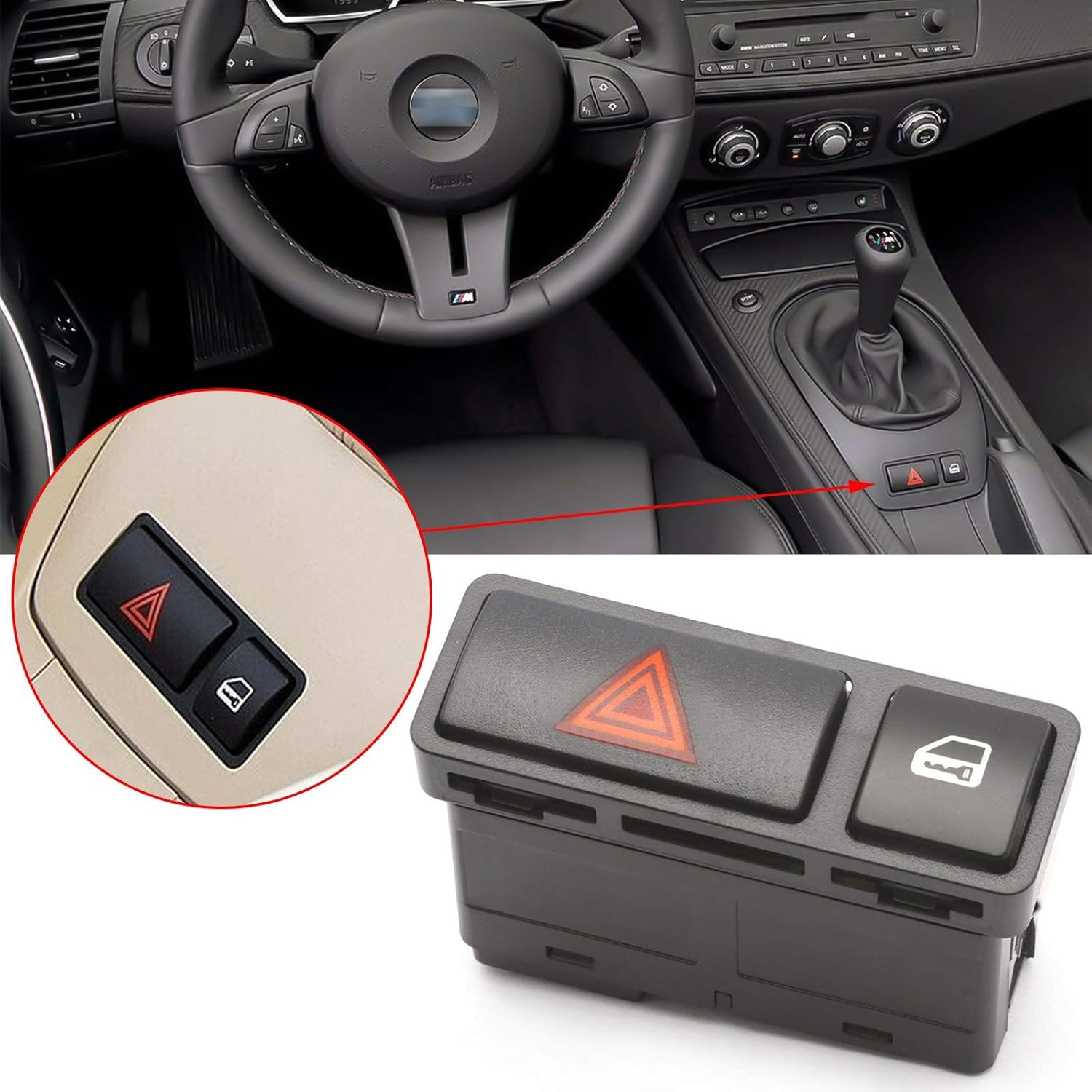 x xotic tech Central Hazard Warning Flasher Light Door Lock Locking Button Switch Compatible with BMW 3 Series E46 E53 E85 325 X5 1999-2008 61318368920