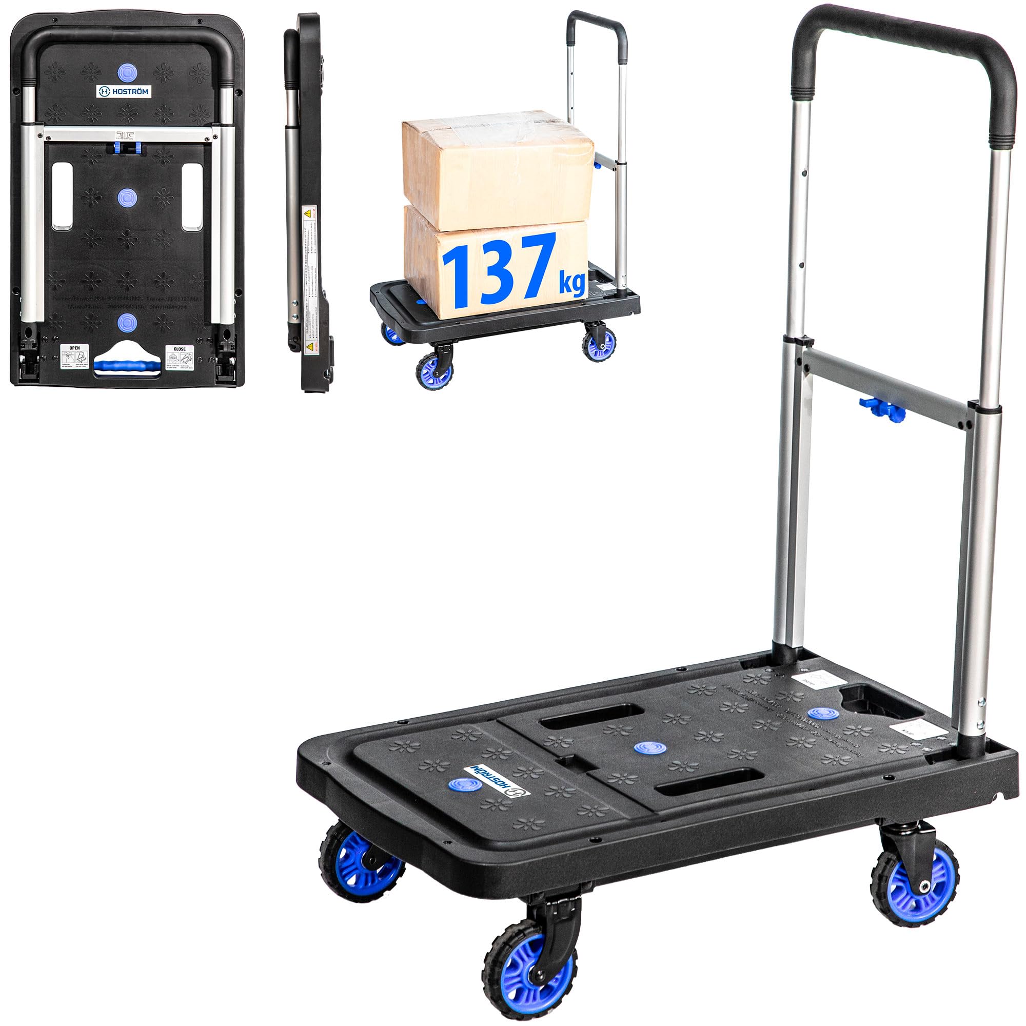 HOSTRÖM Carro con Ruedas, Carro de Almacenamiento Plegable, traslado, Transporte Material, asa telescópica, Carga máx. 137 kg,