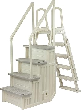Aqua Select Everest in Pool Step and Outside Flip Up Entry System | Pearl White w/Cloud Gray Treads | Above Ground Swimming Pools | Wide Steps Add Stability | Safety Stairs Capacity Up to 350 lbs