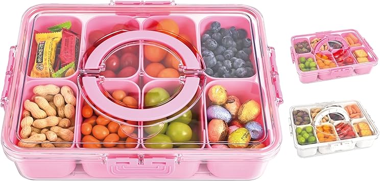 Snackle Box Container, 8 Compartment Divided Serving Tray with Lid and Handle, Snack Box Container for Candy, Fruit and Snacks, Great for Gatherings, Outings, Parties and Entertaining Pink