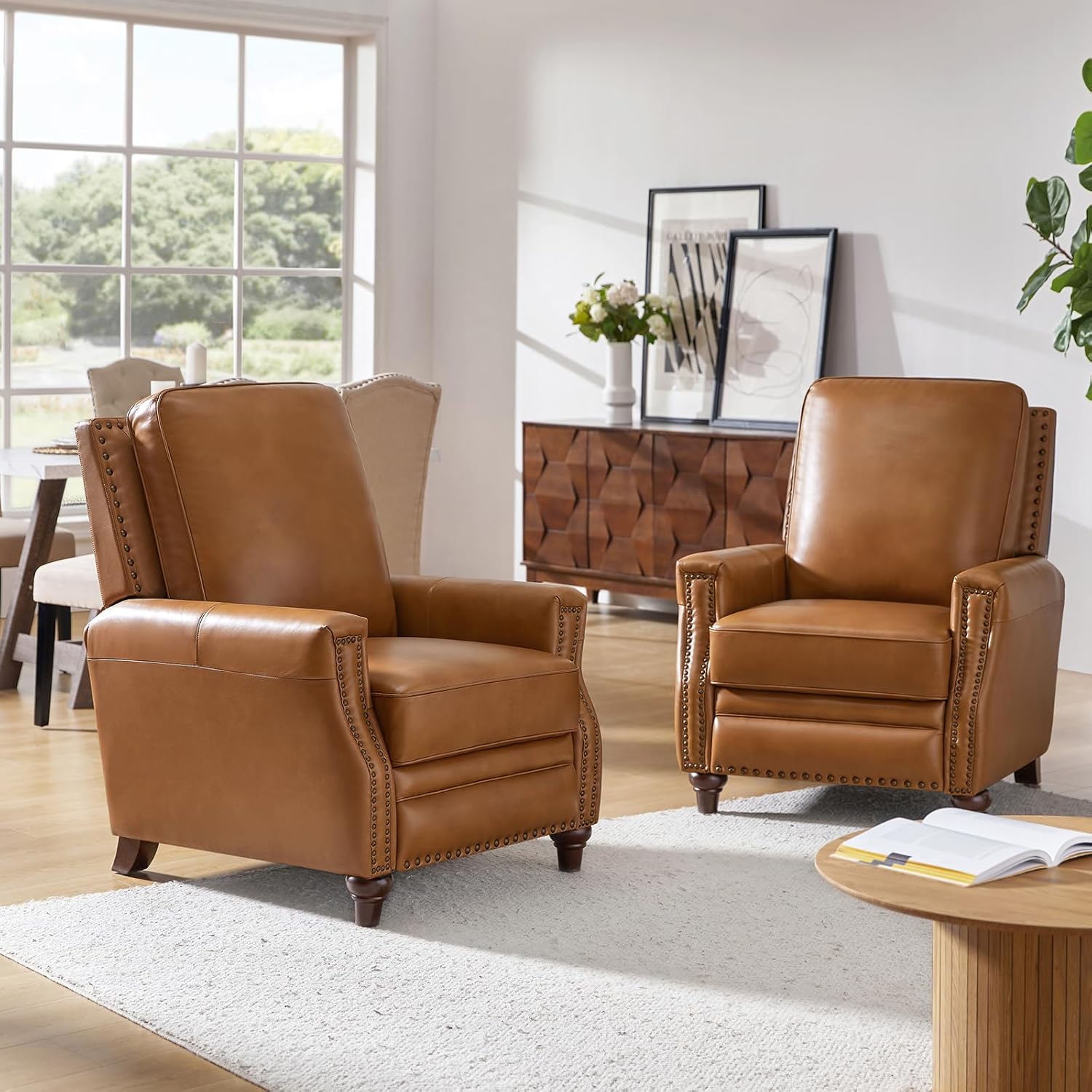 HULALA HOME Genuine Leather Manual Recliner Chairs Set of 2 with Adjustable Backrest & Footrest, Mid Century Modern Push Back Recliners with Nailhead Trim & Wood Legs, Camel