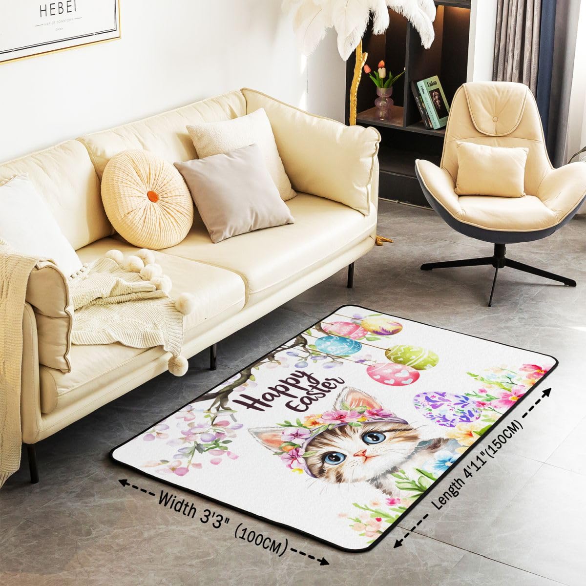 Dywan do salonu, motyw wesołych Świąt Wielkanocnych, 100 x 150 cm, Kawaii, koty, zwierzęta, kwiaty, do sypialni, dla dzieci, nastolatków, akwareli, pisanek, kwiatów, do wnętrz, jako