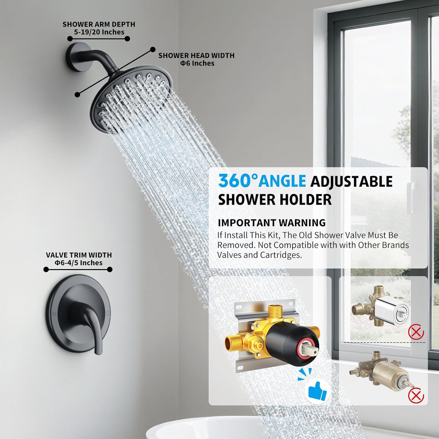 EMBATHER Shower Faucet with Valve, Single Handle Control Shower Valve and Trim Kit, Bathroom Rainfall Shower System with 6 Inch Shower Head, Matte Black