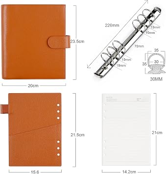 Moterm A5 Luxe Rings Planner - Genuine Leather Binder Organizer (Pebble-Burnt Orange, 30mm Ring)