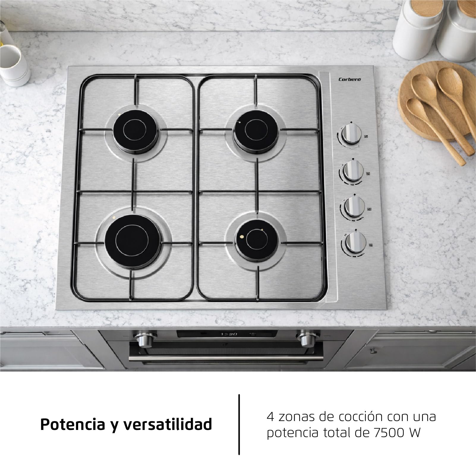 Corbero CPGS423X Płyta gazowa Moc 7,5 kw, 4 ognia, Butan Gaz, Kolor Nierdzewny, Czarny Grill Emalia, Zawór bezpieczeństwa cięcia gazu, Automatyczne wyłączanie bezpieczeństwa