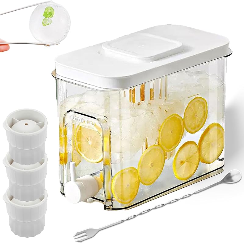 Dispensador de bebidas de 1,1 galones con espiga – Jarra de agua sin BPA para refrigerador, incluye 3 moldes para bolas de hielo y cuchara de barra – Contenedor de bebidas a prueba de fugas para fiestas, té helado – Juego blanco de 5 piezas