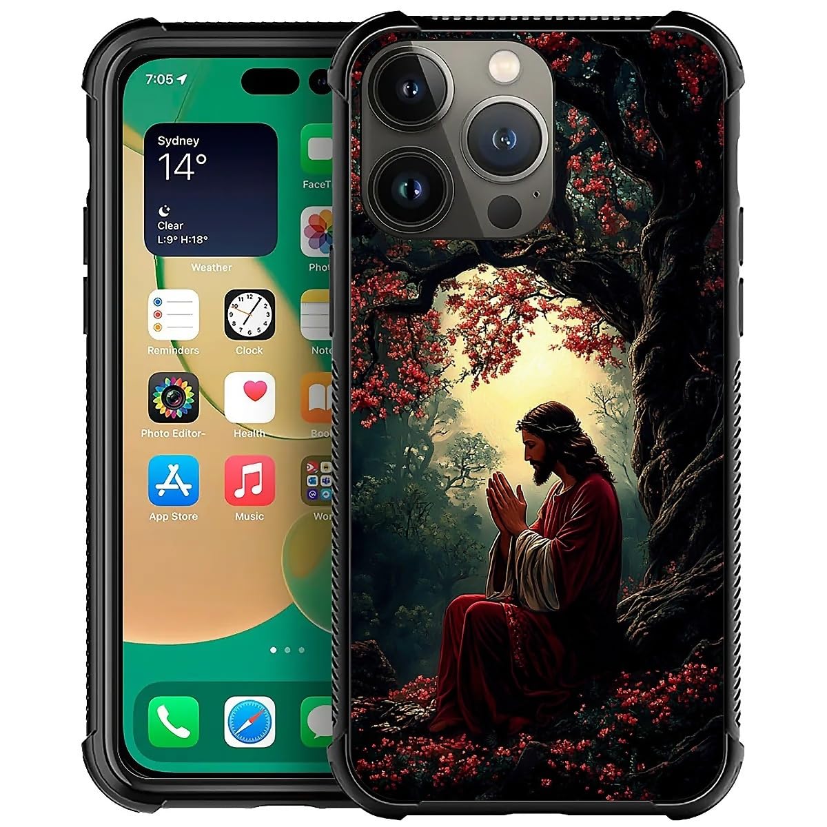 Coque iPhone 14 Pro antichoc TPU rigide Jésus arbre fleurs rouges - 8
