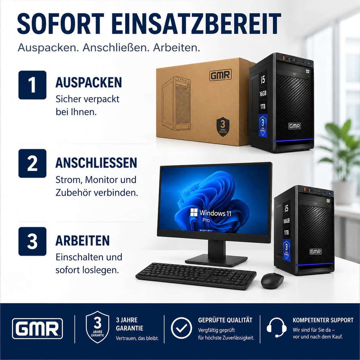 GMR Business PC für Büro, Homeoffice und Unternehmen | Bürocomputer mit Intel Core i5 | 16 GB RAM | 1 TB SSD | Windows 11 Pro | WLAN & Bluetooth | 3 Jahre Garantie