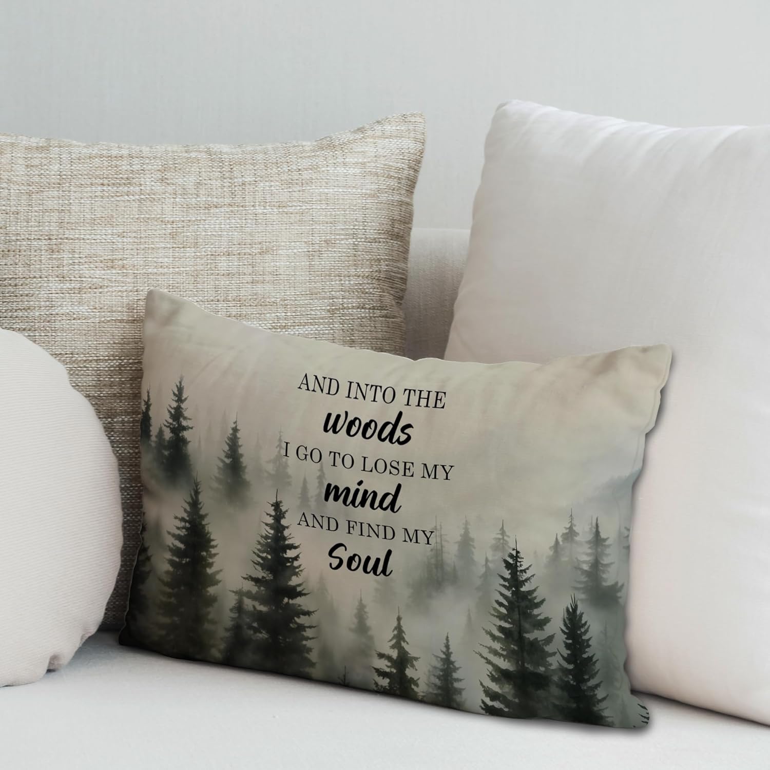Inspirational Forest Mountain Nature Pillow Covers 12x20, and Into The Woods I Go to Lose My Mind Decorative Lumbar Pillow Covers for Home Cabin Lake House, Gifts for Nature Lovers - Image 3